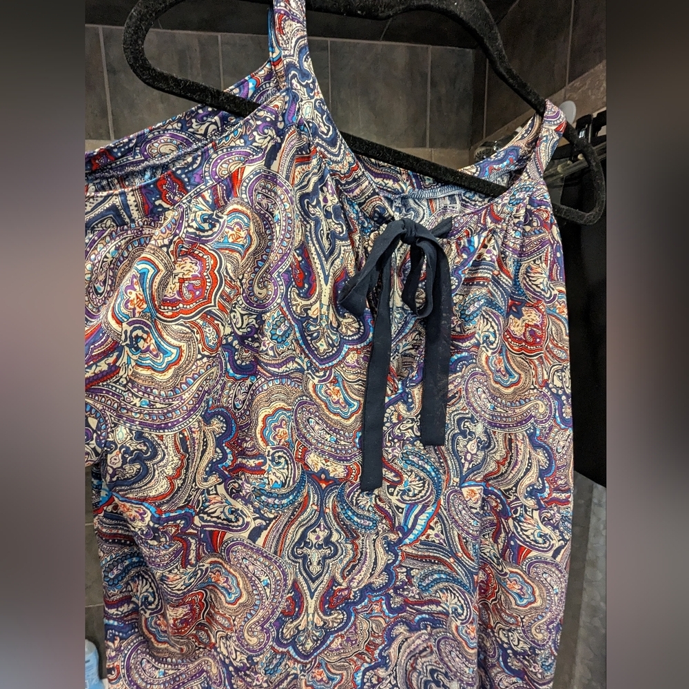 Aakaa Abstract Paisley Pattern Blouse, Large Shoulders open, sleeve cuffs